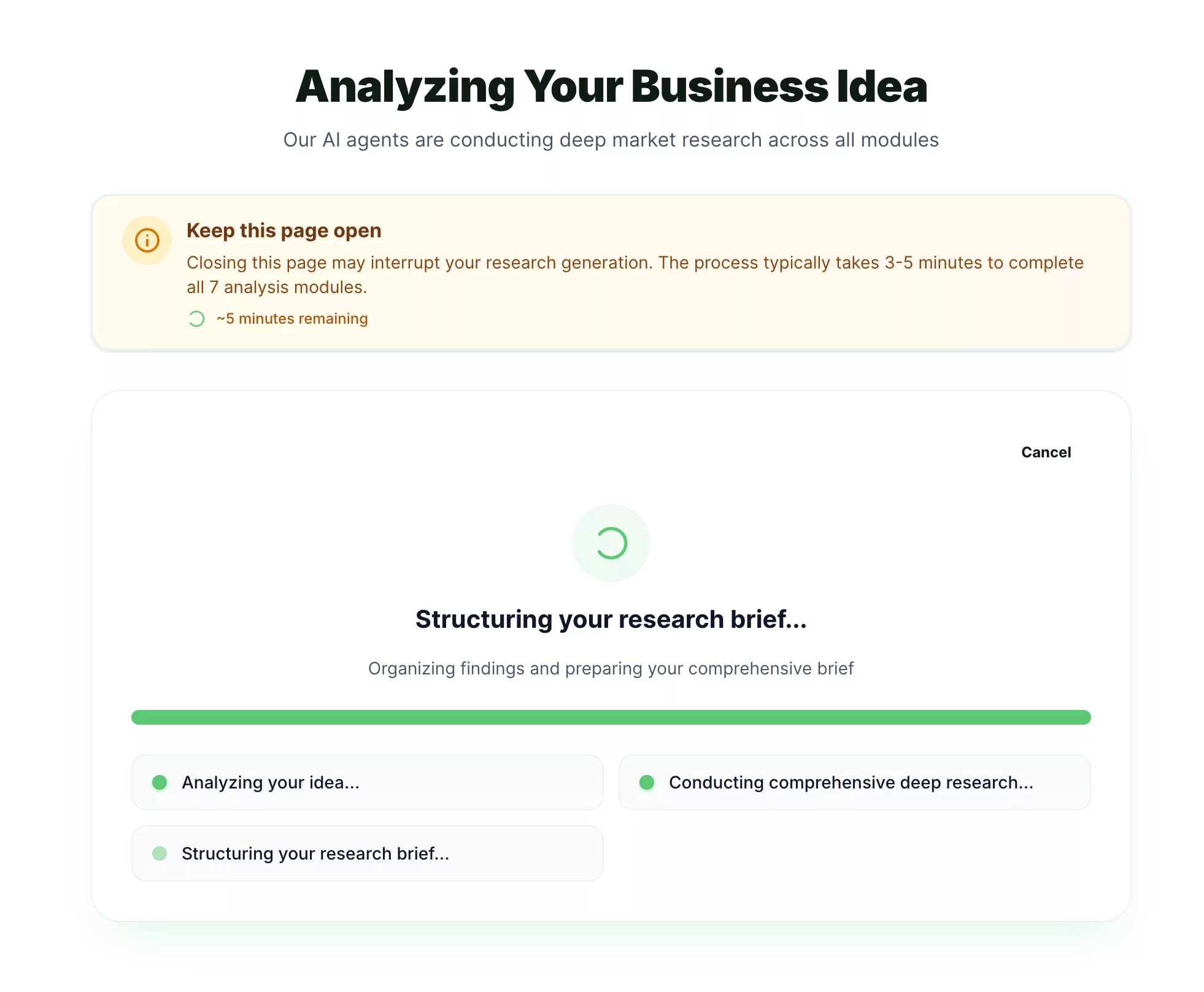 AI validation analysis dashboard with market and competitor signals